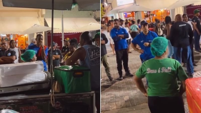 Vendedora ambulante se revolta durante ação de fiscalização na Barra: 'Vou traficar com quatro filhos para criar?'; assista