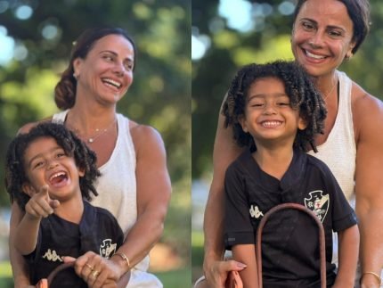 Viviane Araujo curte dia de folga com o filho em pracinha no Rio de Janeiro