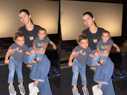 Ary Mirelle leva os filhos para o cinema pela primeira vez em sessão privada