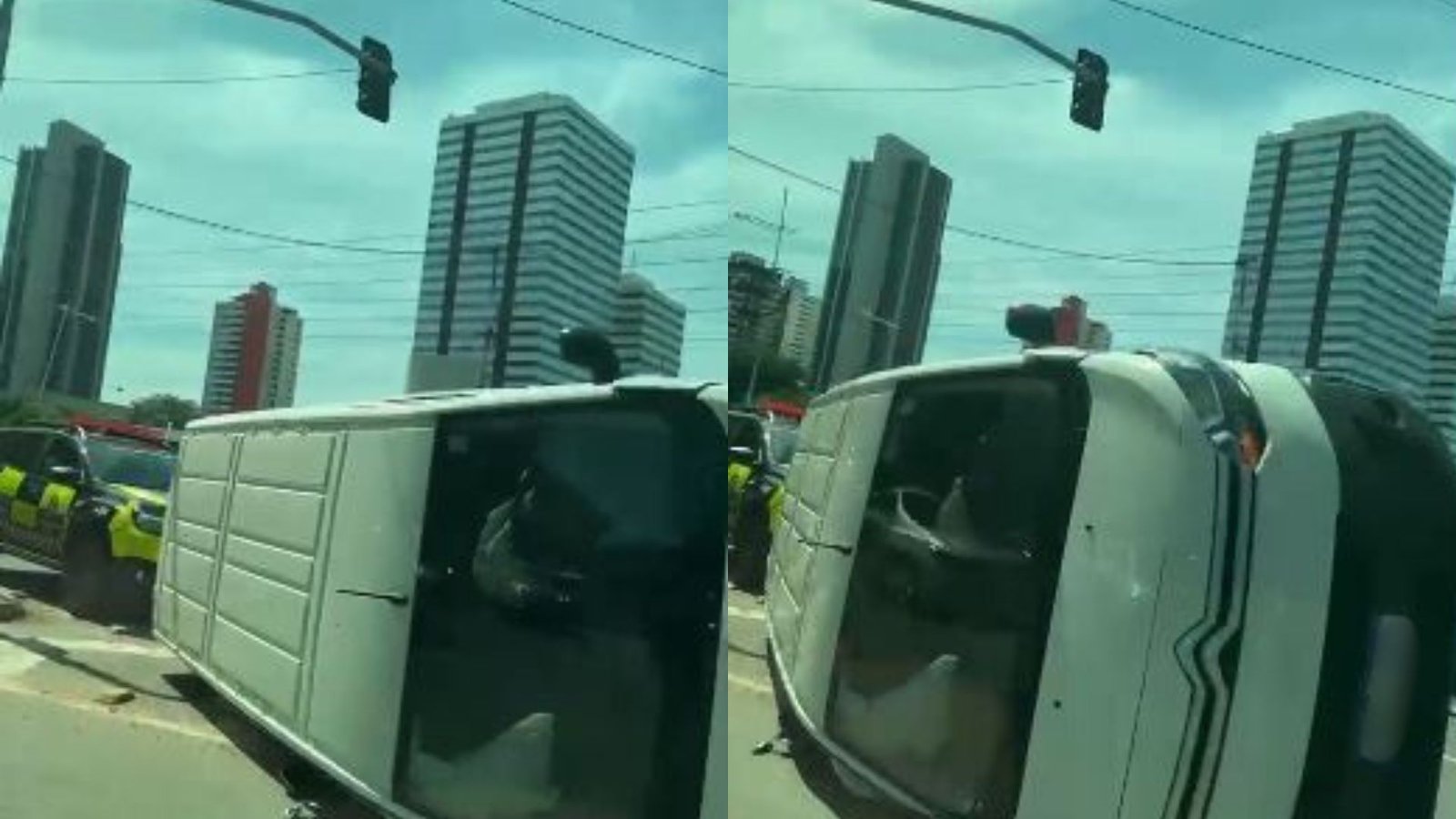 AGORA: Van capota em via movimentada de Salvador, provoca lentidão no trânsito e assusta motoristas; assista