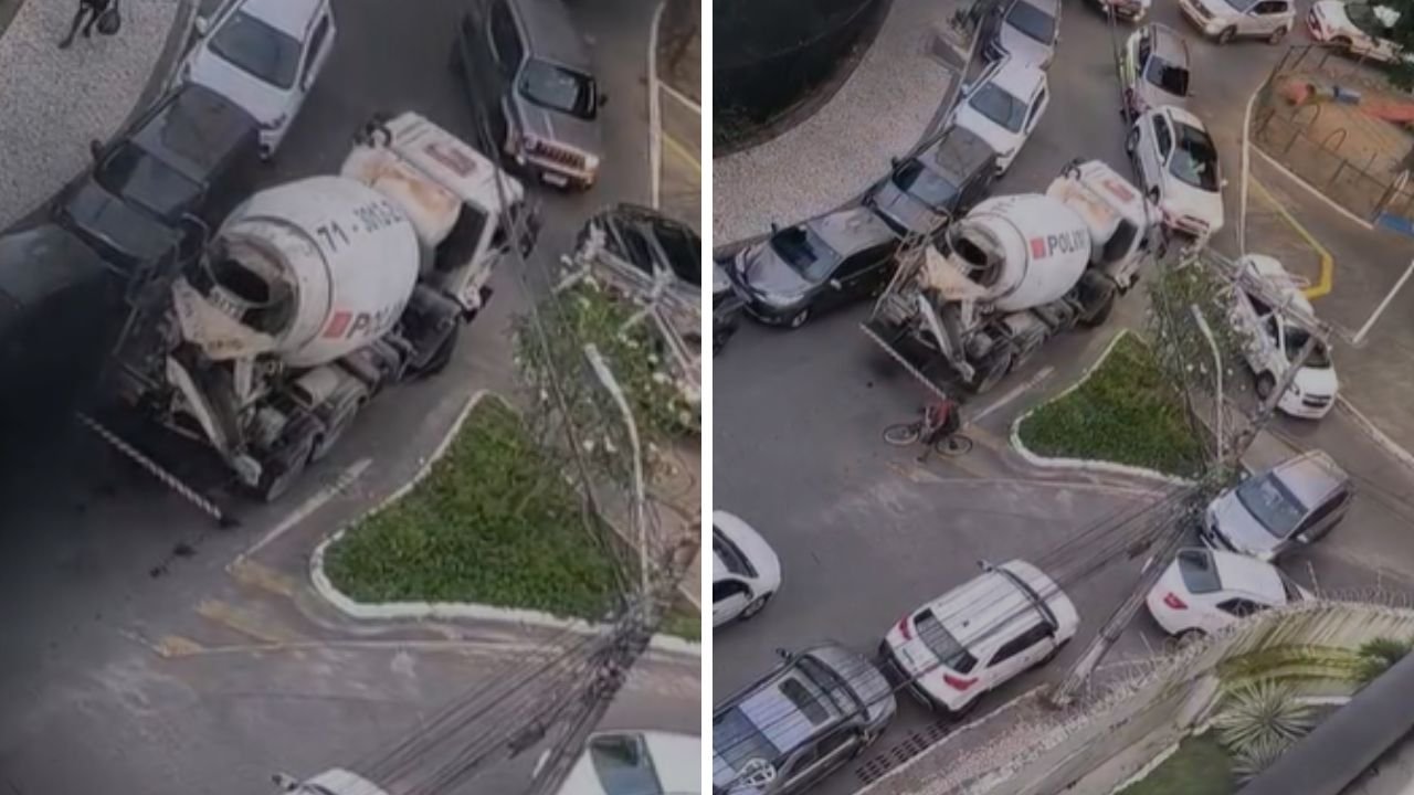 Caminhão betoneira trava trânsito e causa engarrafamento na Pituba; assista
